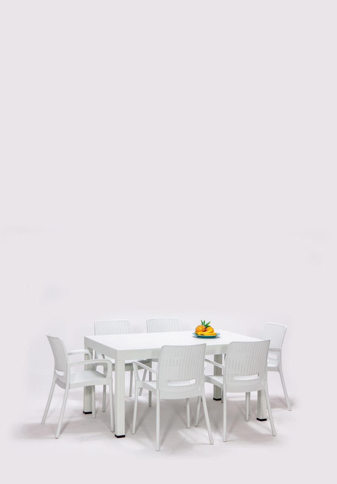 Rattan 90x150 Camsız Masa / Rattan Kollu 6 Adet Sandalye Bahçe Seti - Beyaz