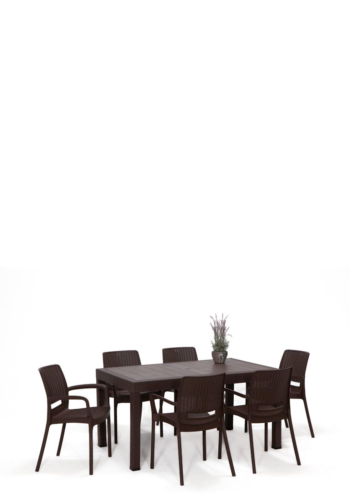 Rattan 90x150 Camsız Masa / Rattan Kollu 6 Adet Sandalye Bahçe Seti - Kahve