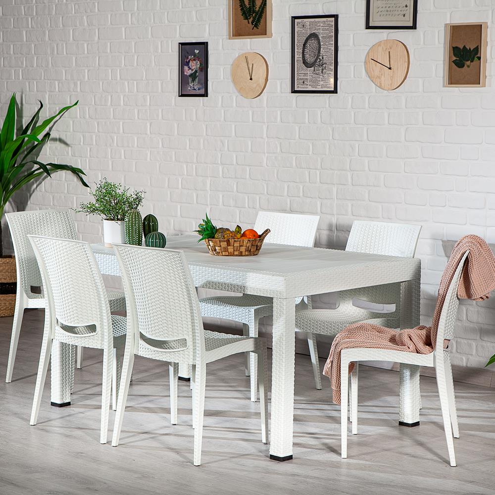 Rattan 90x150 Camsız Masa / Rattan Kolsuz 6 Adet Sandalye Bahçe Seti - Beyaz