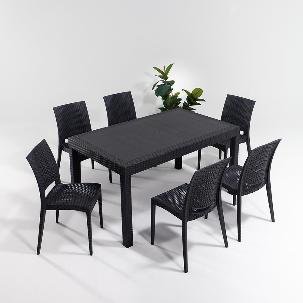 Rattan 90x150 Camsız Masa / Rattan Kolsuz 6 Adet Sandalye Bahçe Seti - Antrasit