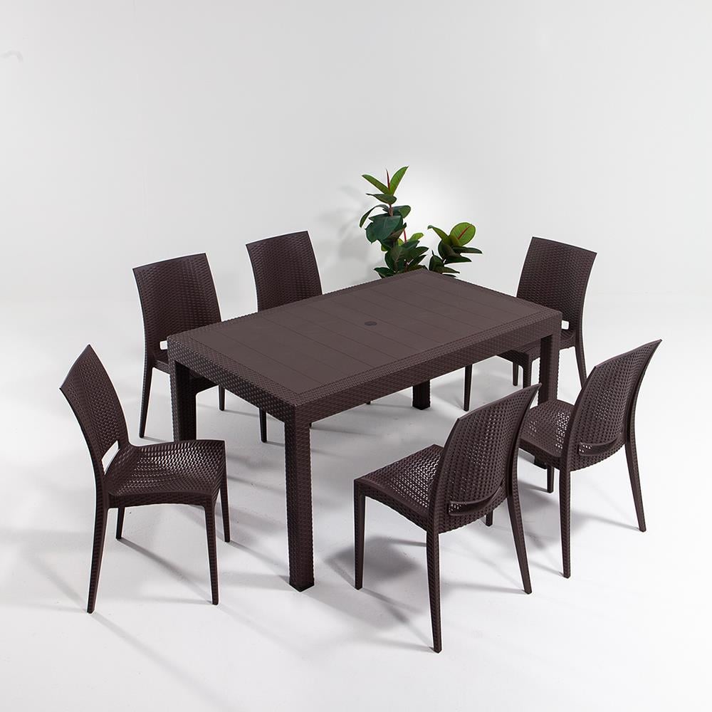 Rattan 90x150 Camsız Masa / Rattan Kolsuz 6 Adet Sandalye Bahçe Seti - Kahve