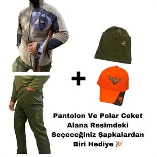 Çulluk Nakışlı Haki Yeşil Telsiz Cep Detaylı Polar Ceket SET
