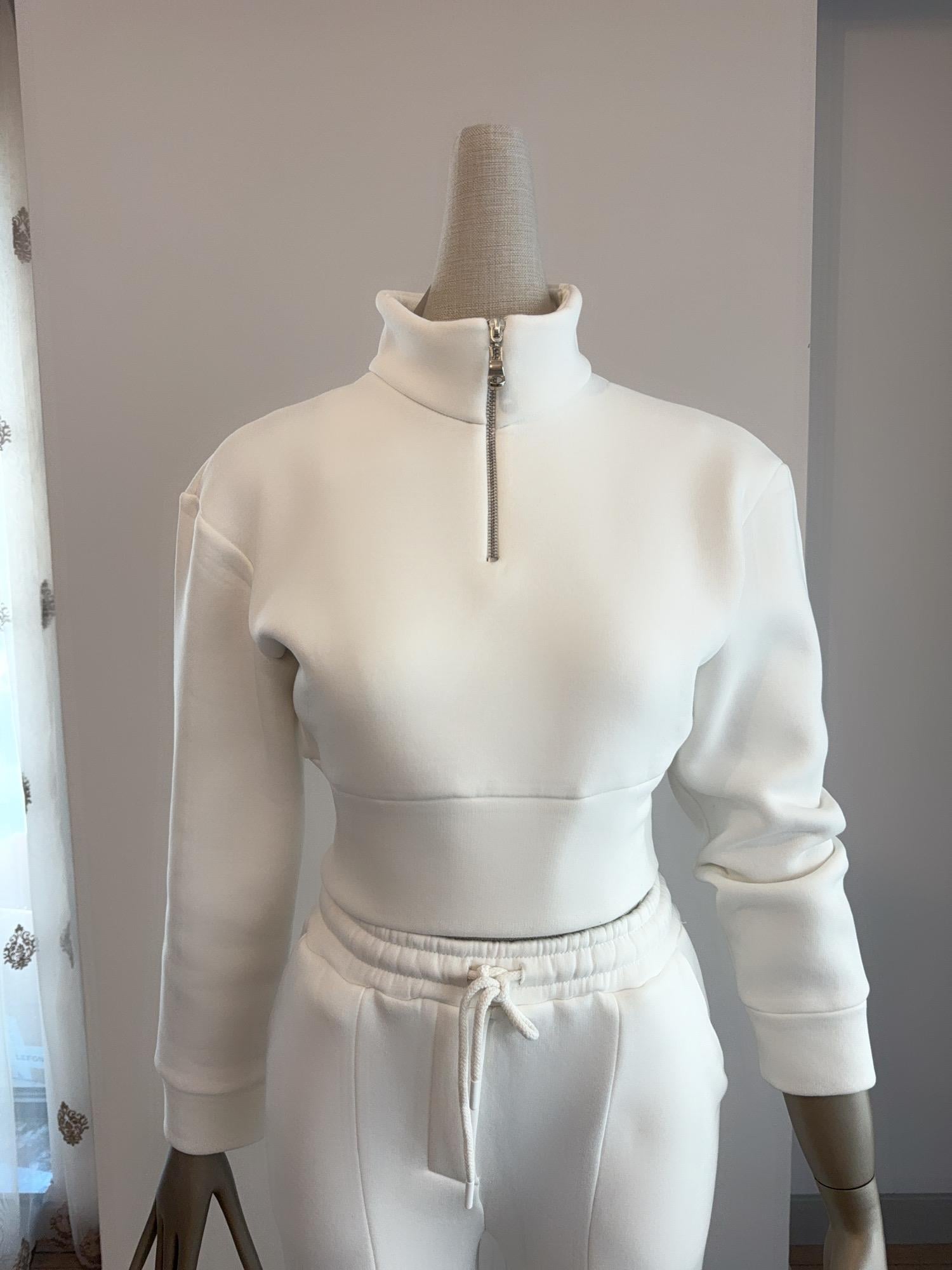 Boyun Fermuar Detaylı Ekru Crop Sweatshirt