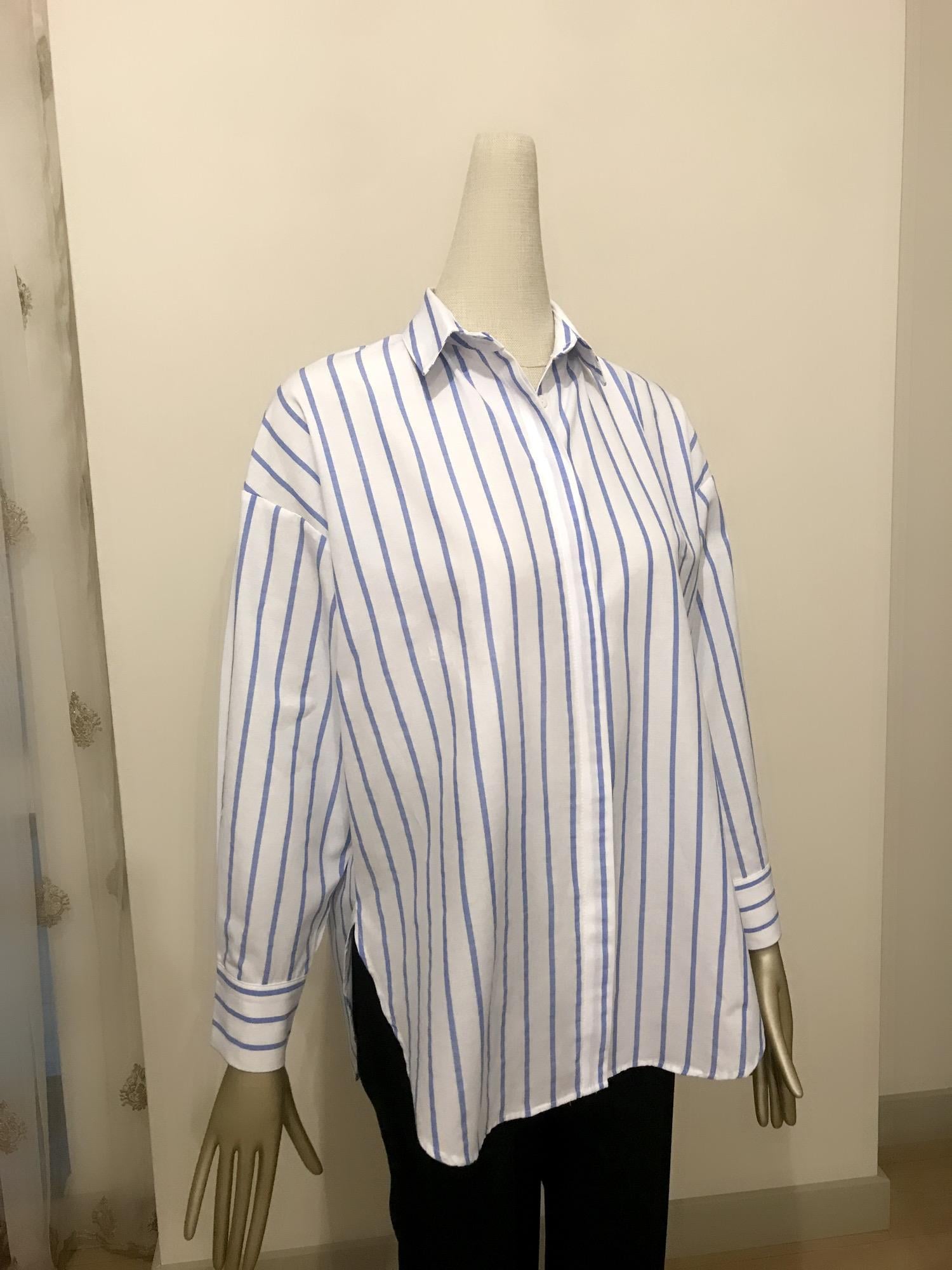Çizgi Detaylı Oversize Gömlek Mavi