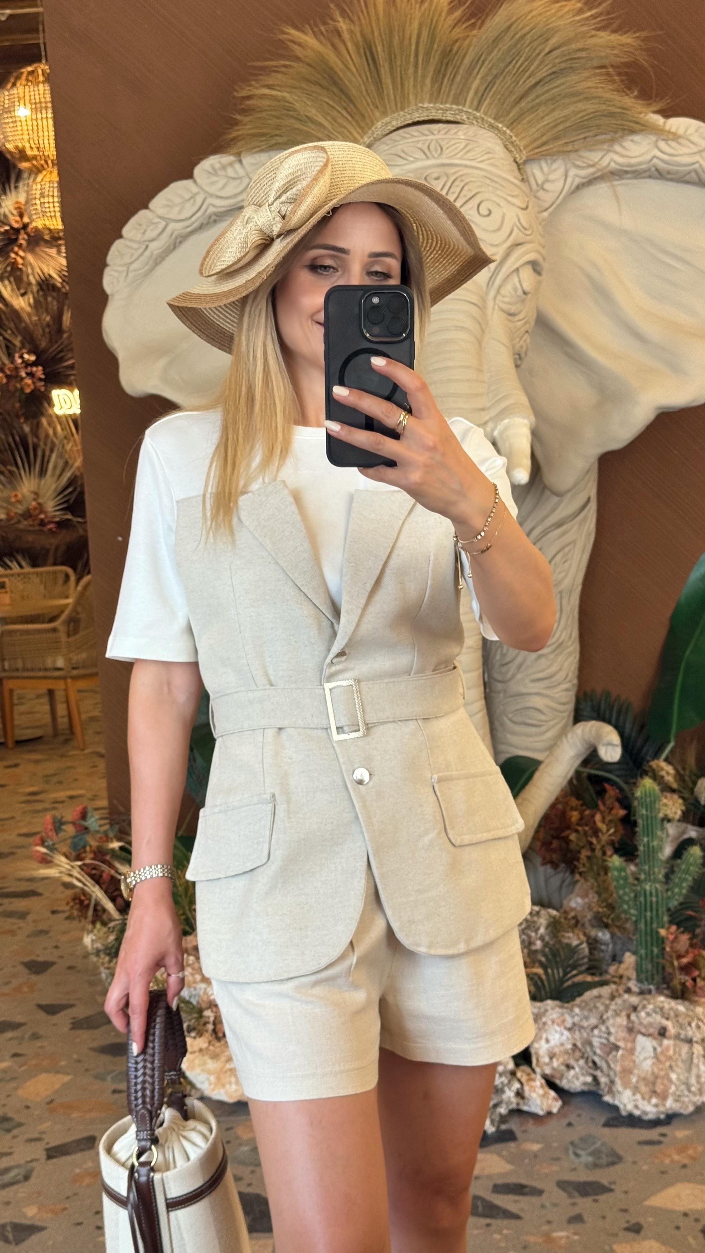 GARNİLİ KEMER DETAYLI TASARIM T-SHIRT NATURAL