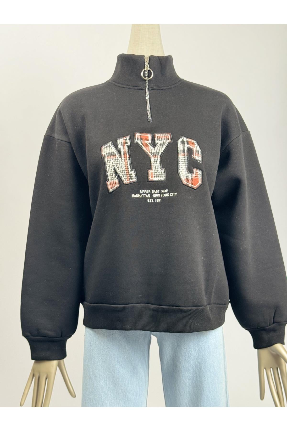 NYC Nakışlı Üç İplik Dokuma Şardonlu Siyah Sweatshirt