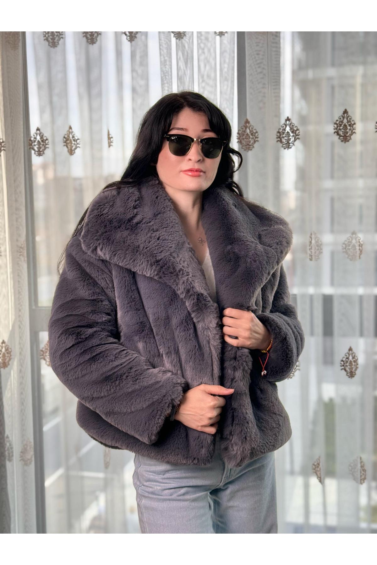 Premium Kalite Sofia Geniş Yaka Antrasit Kürk