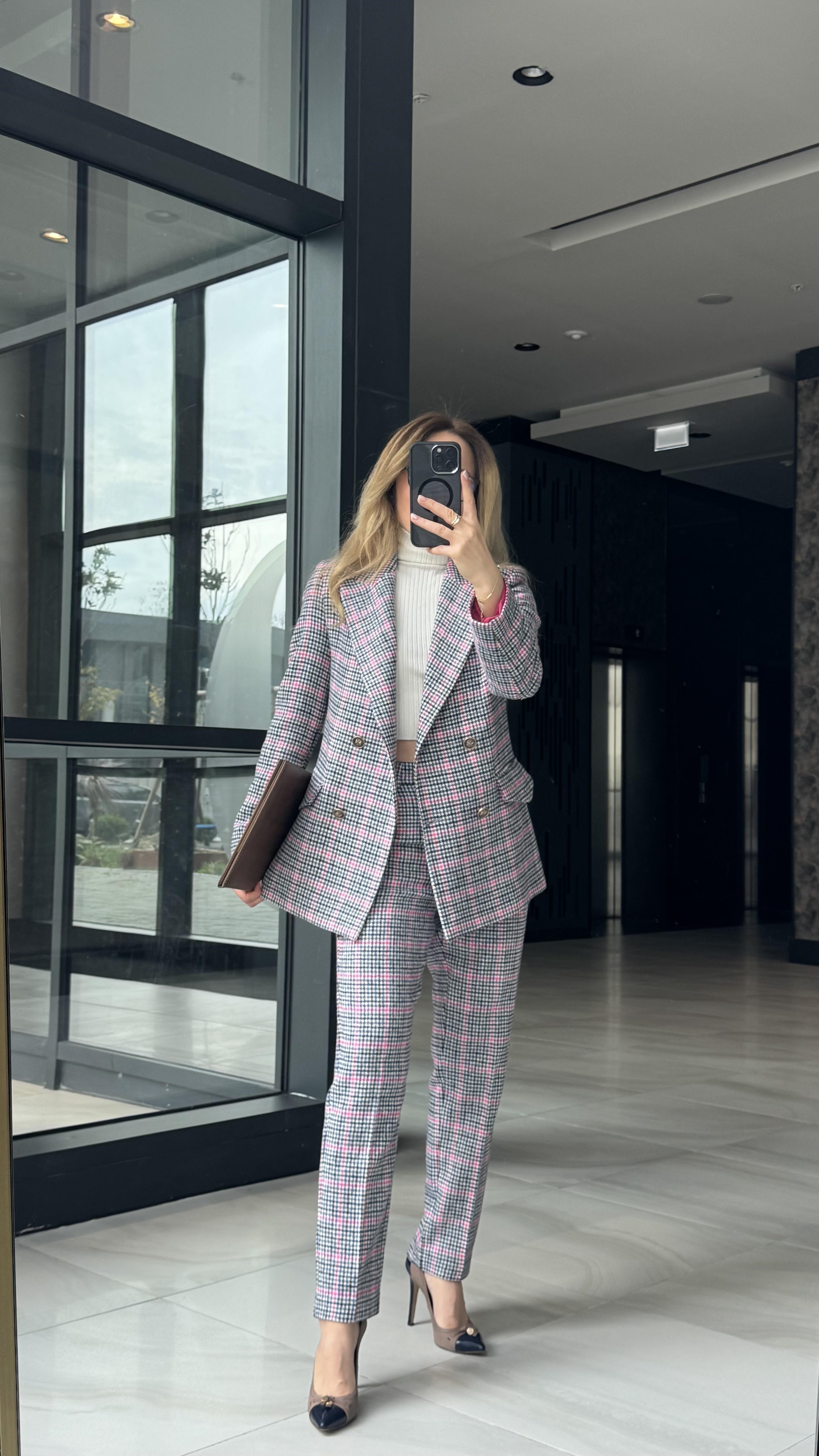 Premium Seri Multirenk Ekose Yüksek Bel Pantolon