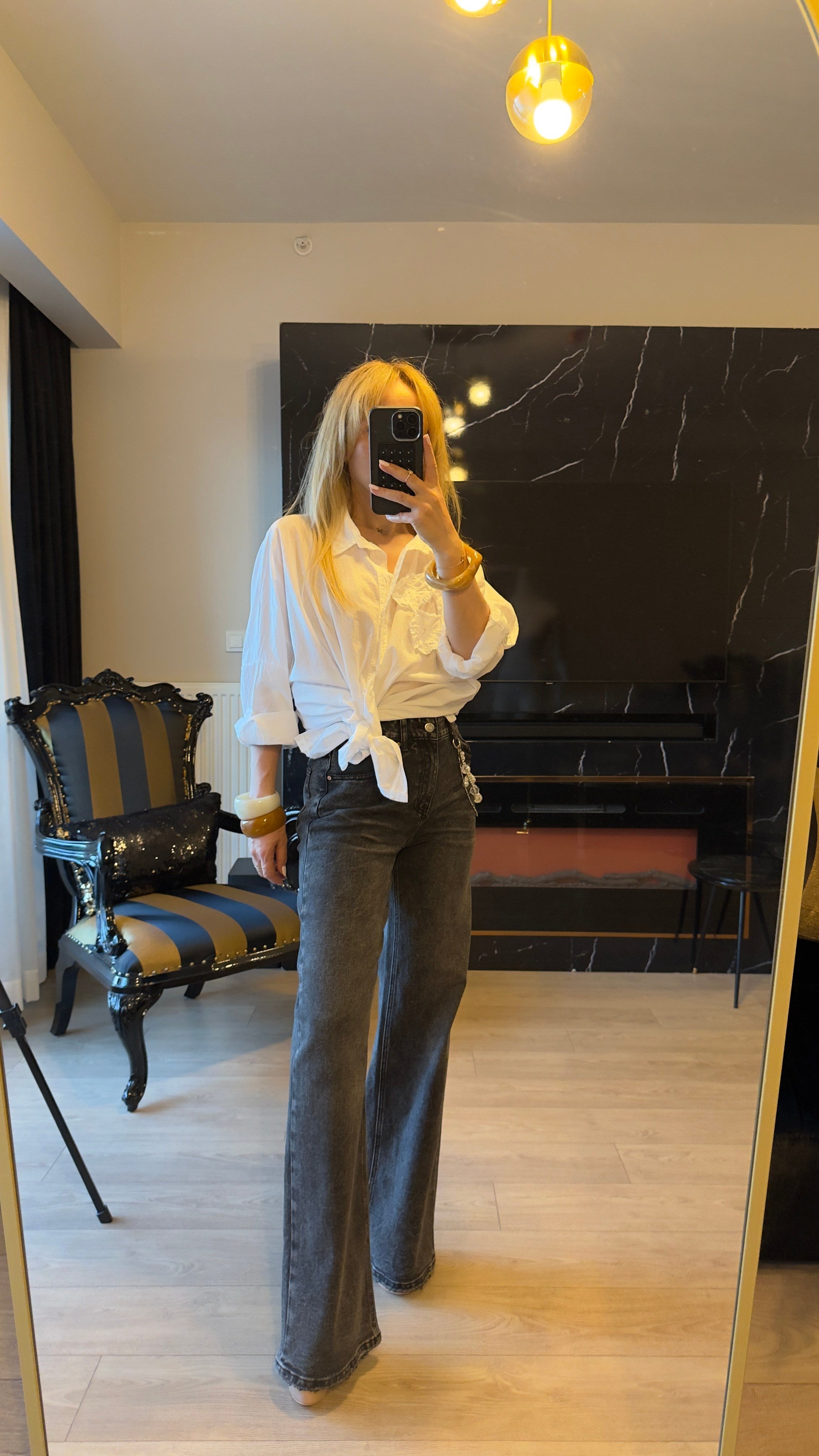 Siyah Aksesuarlı Yüksek Bel Wide Leg Jean