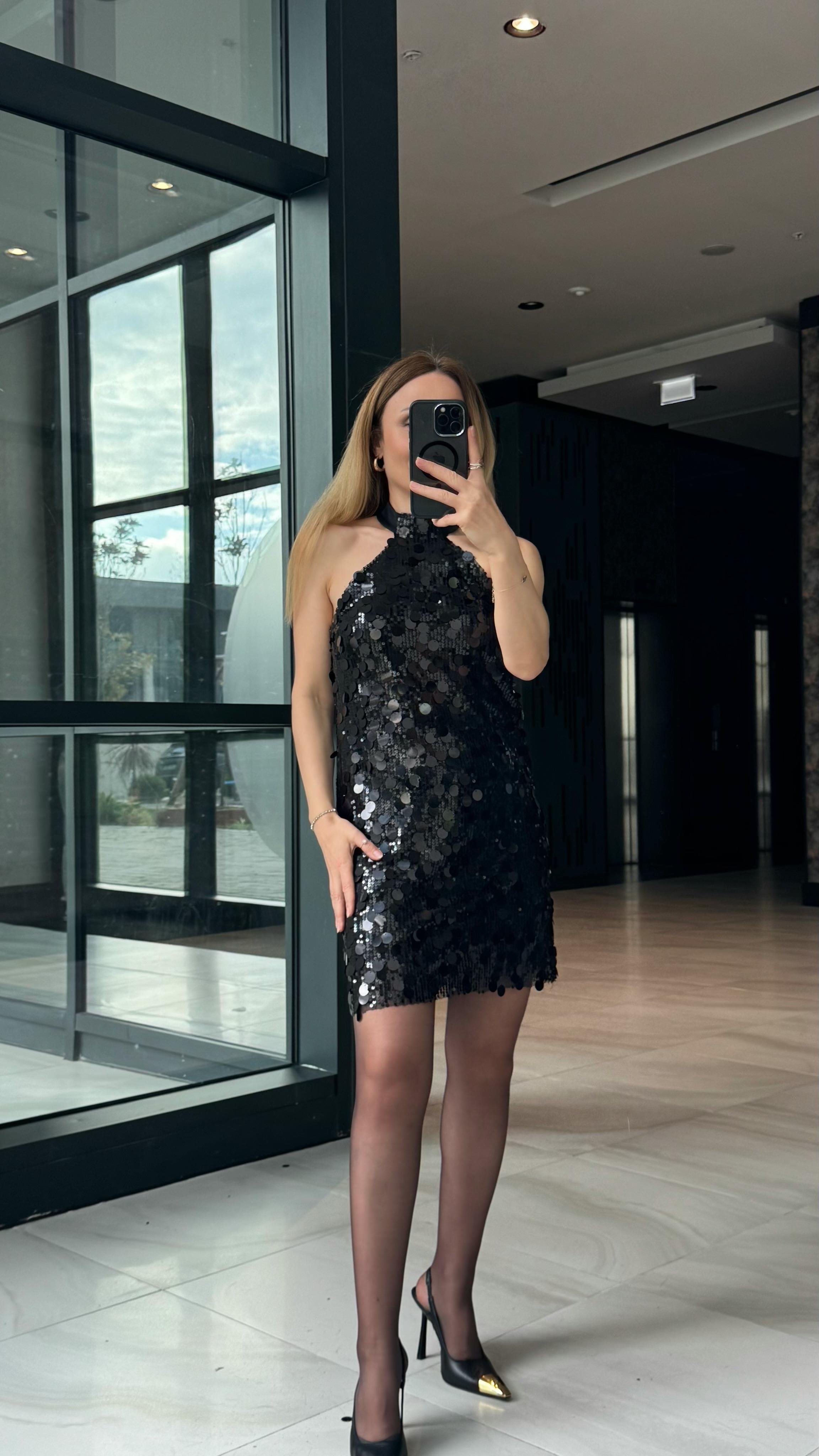 Siyah Pullu Payet Mini Elbise