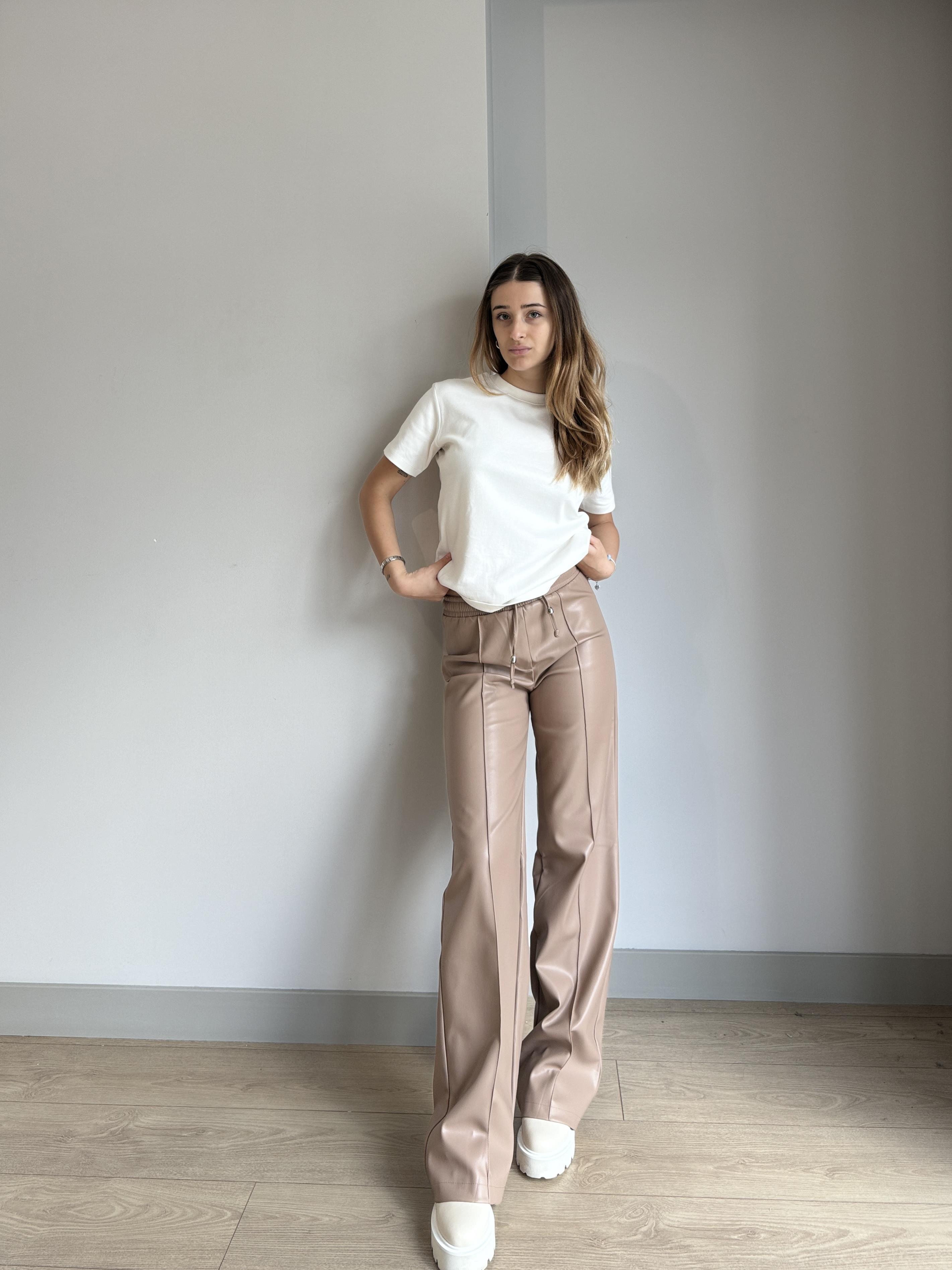 CAMEL BELİ LASTİKLİ İPLİ DERİ PANTOLON
