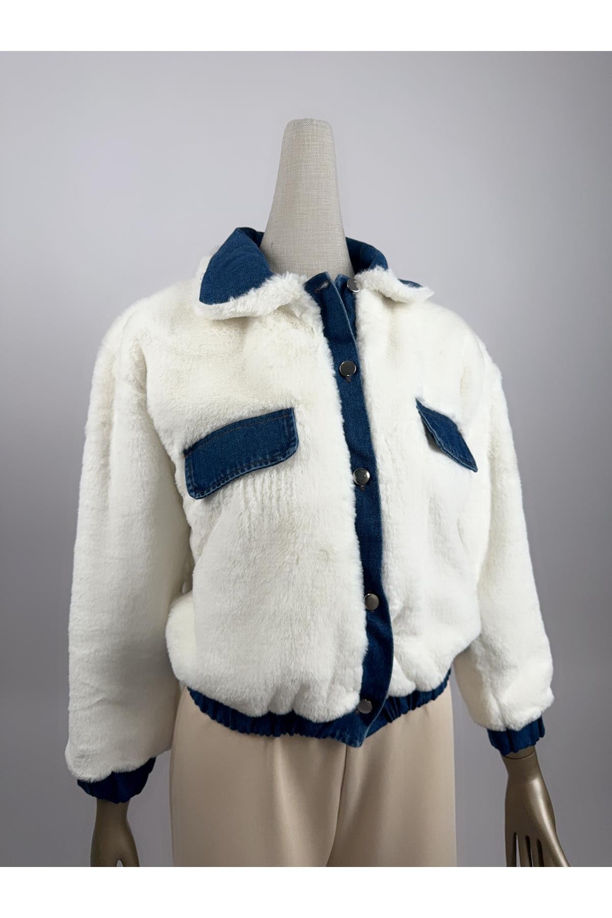 Denim Detay Düğmeli Ekru Peluş Mont