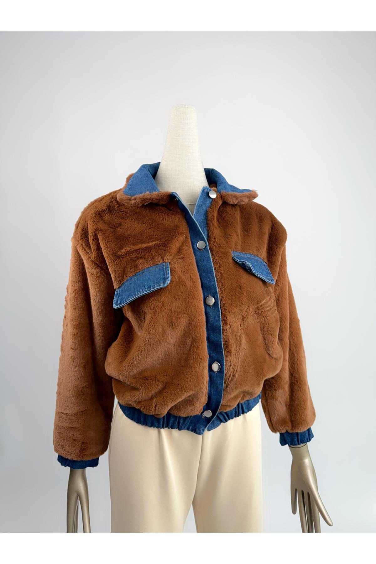 Denim Detay Düğmeli Kahverengi Peluş Mont