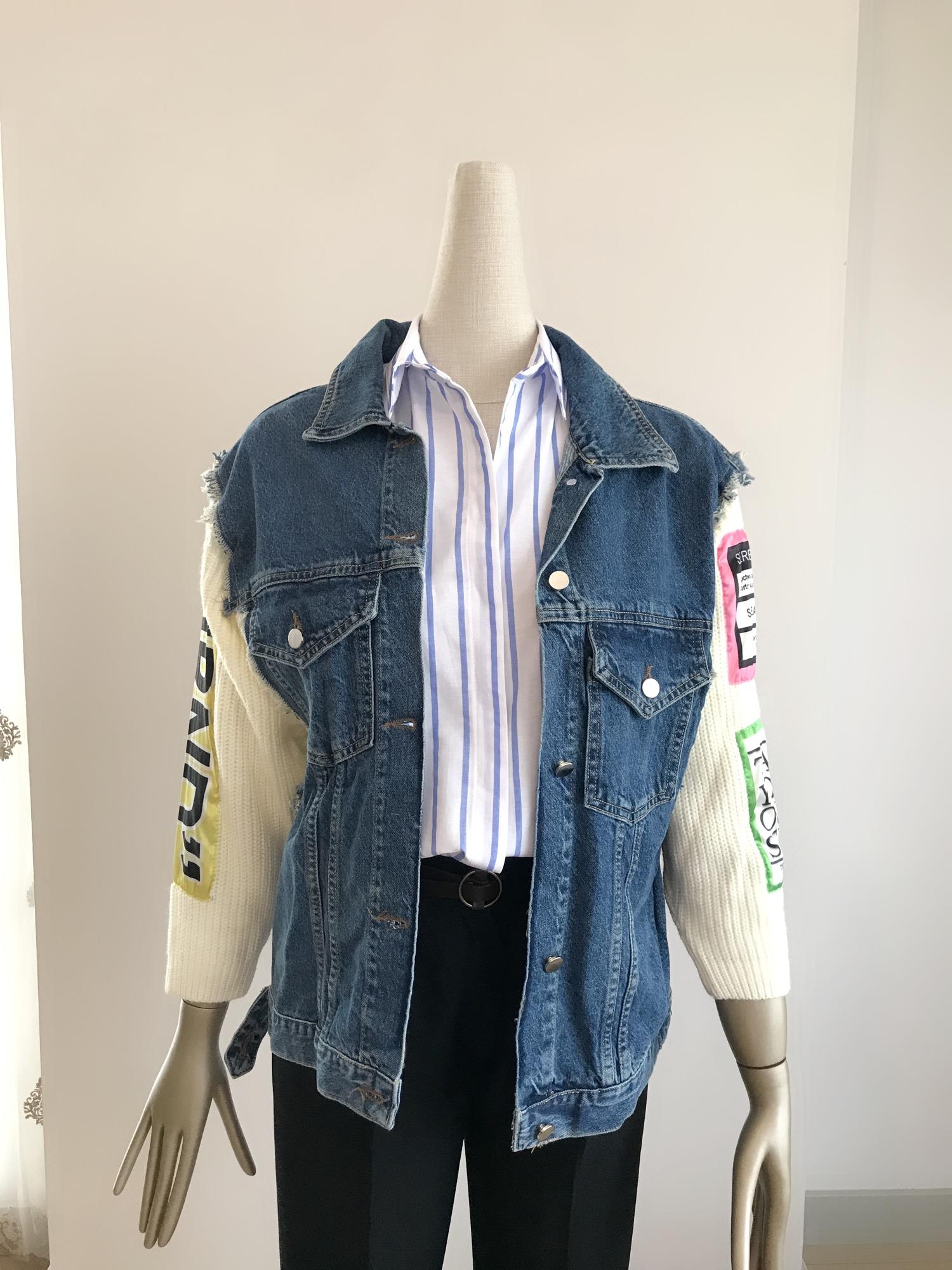 Ekru Kol Triko Tasarım Denim Mont