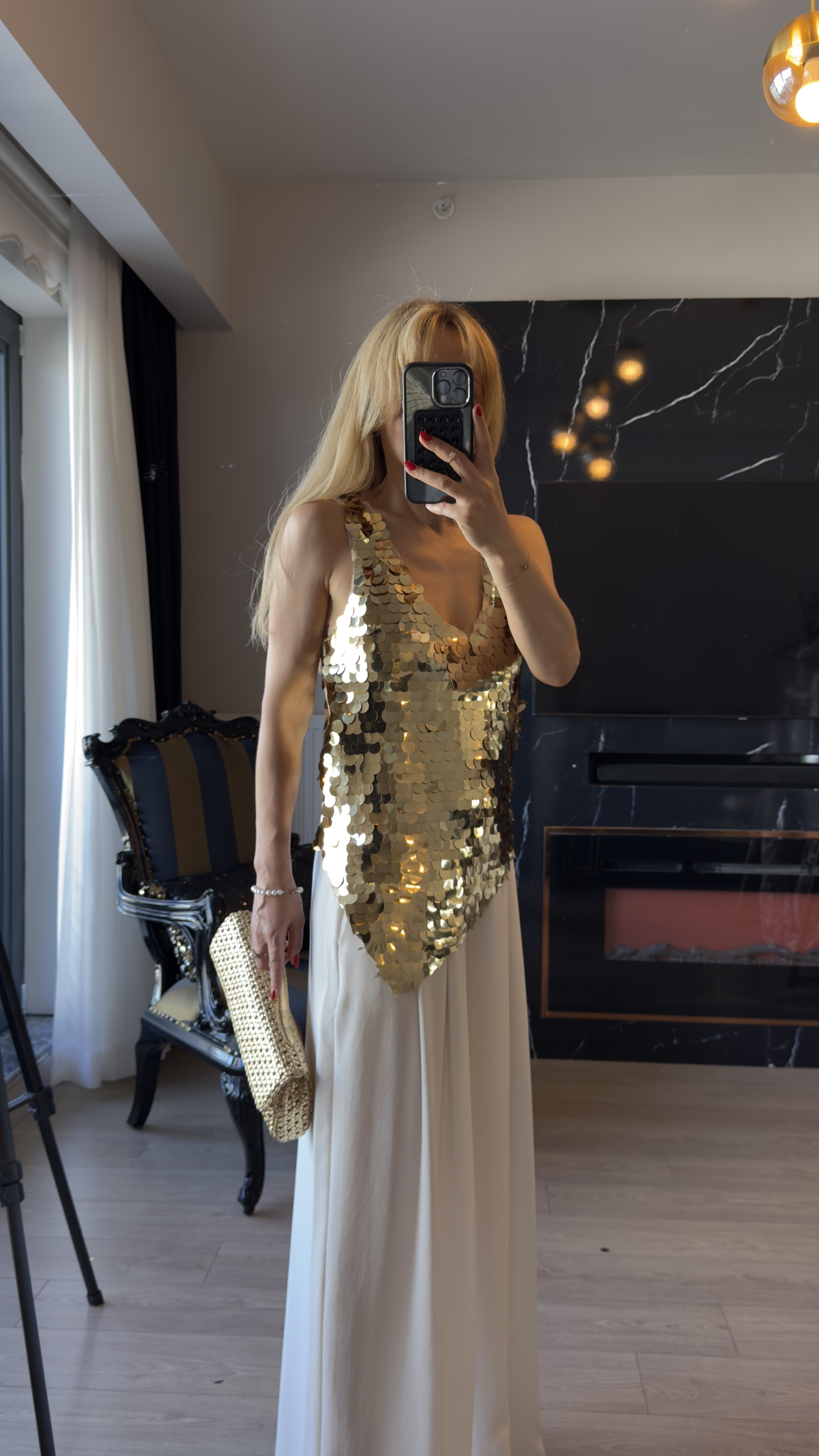 Gold Pul Payet Asimetrik Kesim Bluz