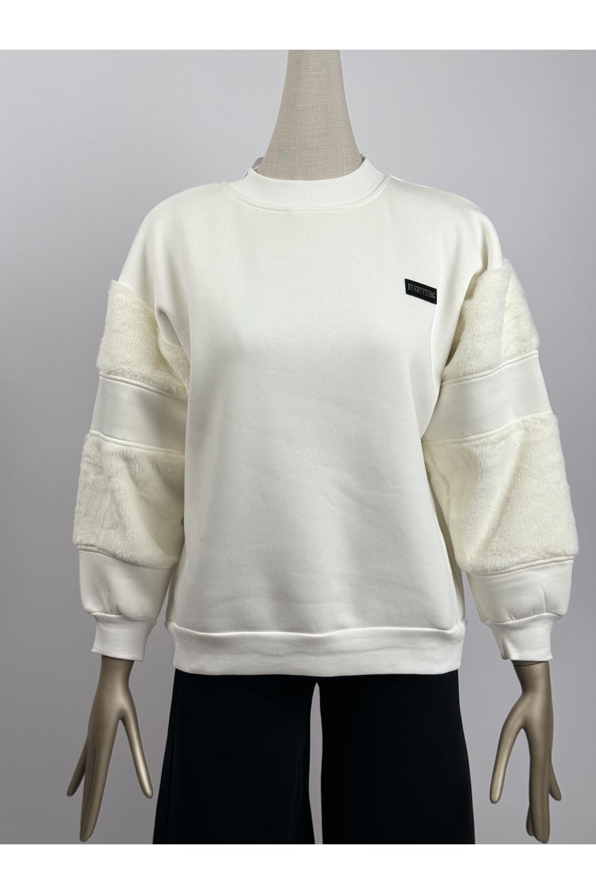 Kolları Peluş Detaylı Şardonlu Ekru Sweatshirt
