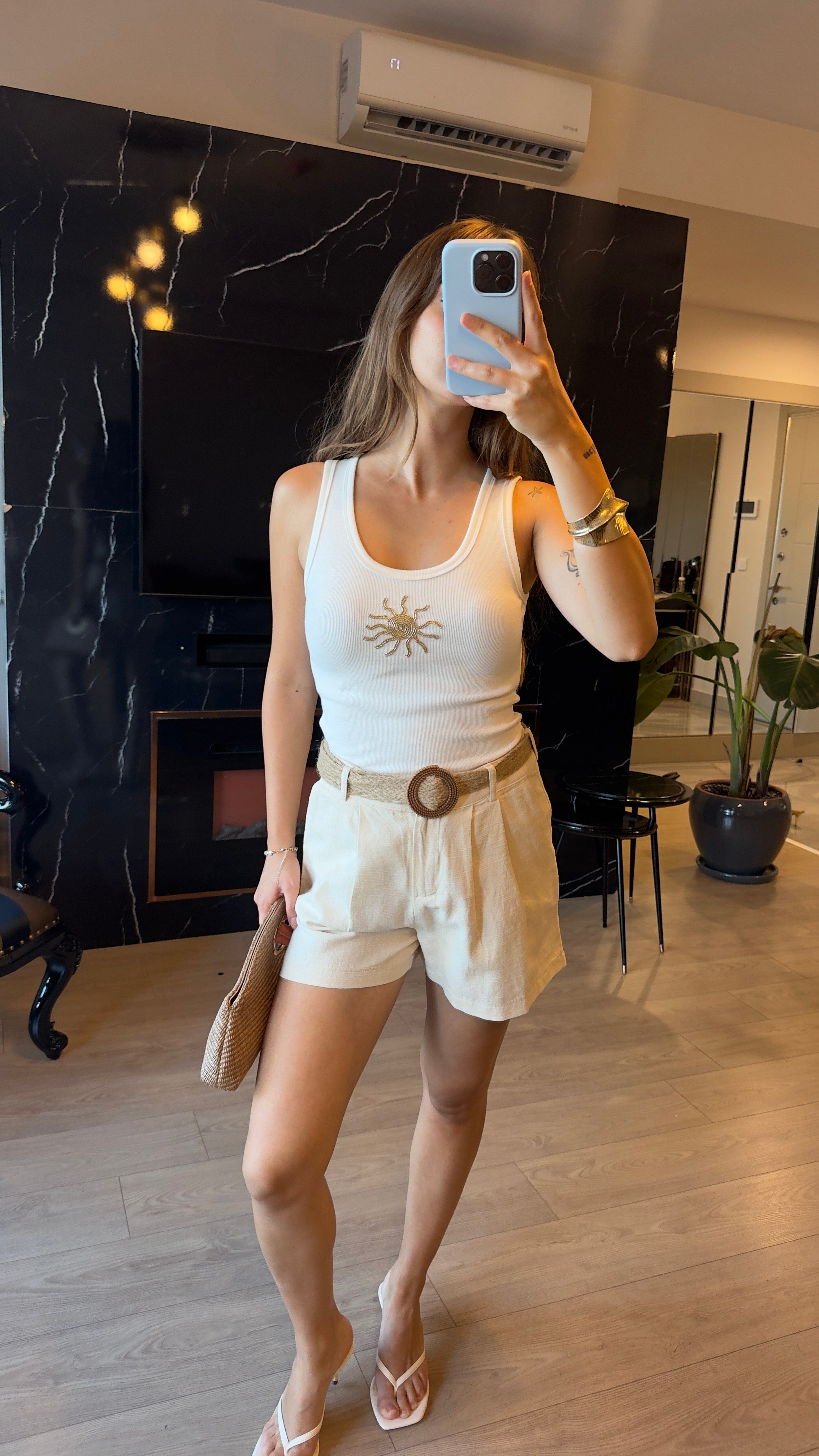 Naturel Hasır Kemerli Şort
