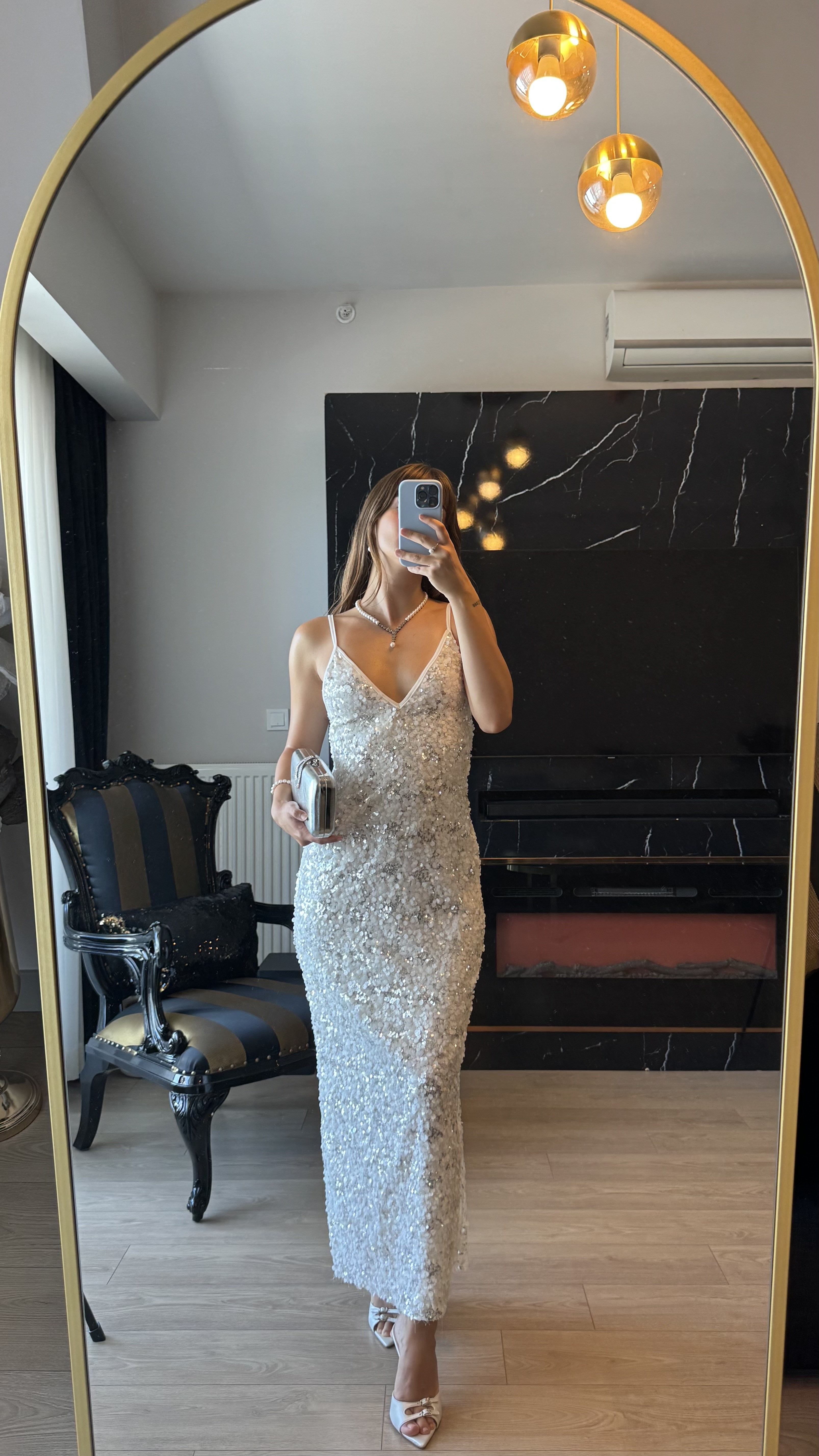 Payetli Maxi Boy Askılı Elbise