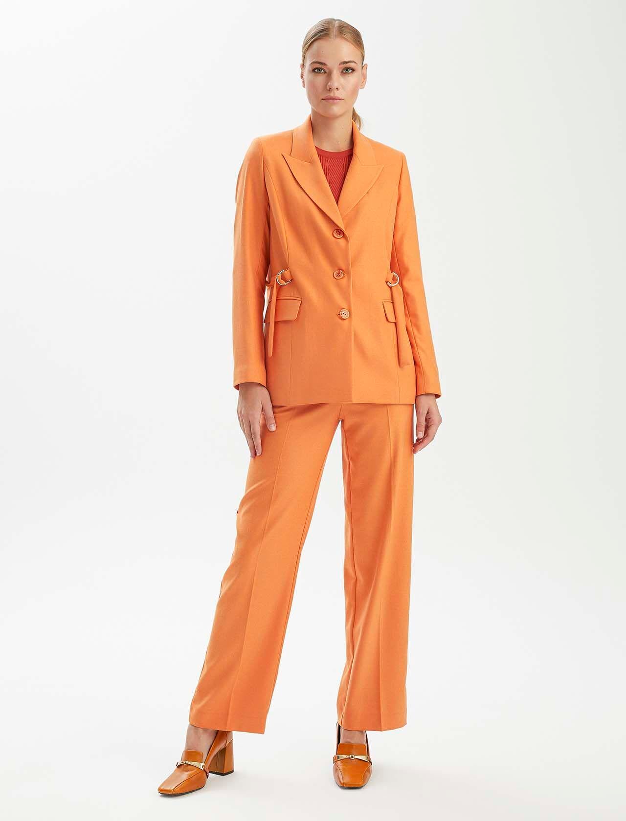Premium Seri Burnt Orange Kemerli Toka Detaylı Cepli Ceket
