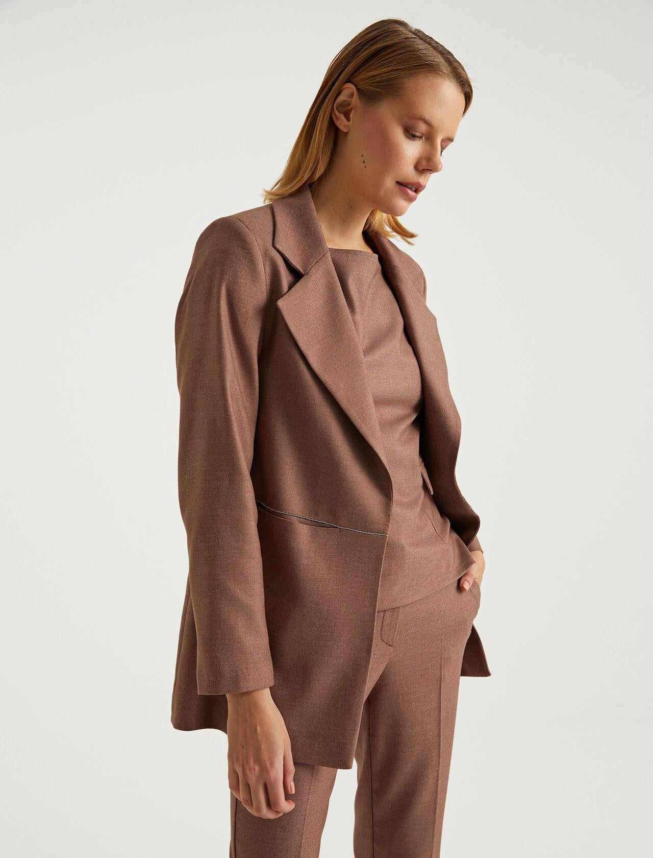 Premium Seri Kahve Zincir Cep Cutout Detaylı Blazer