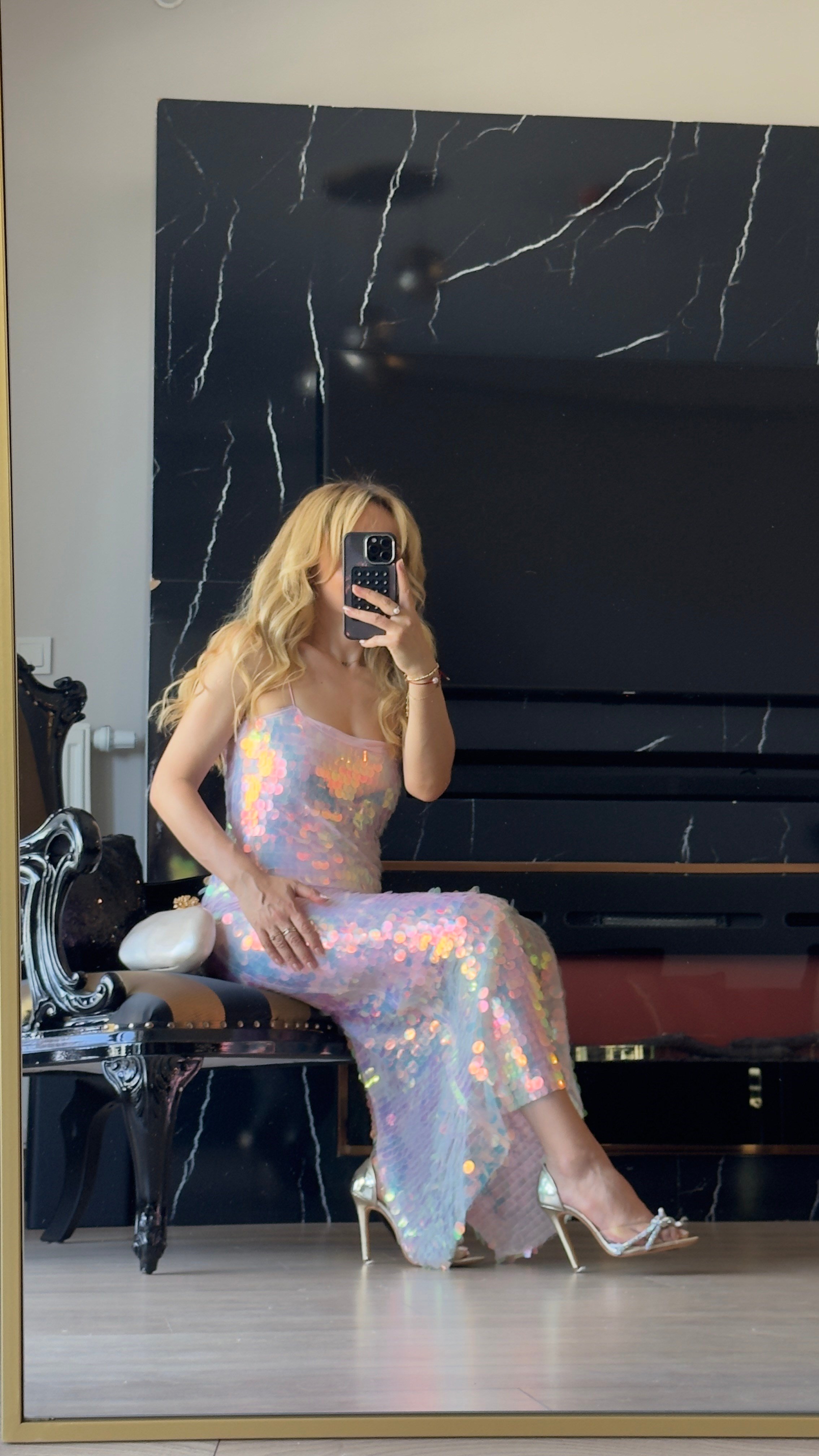 Pul Payet Midi Elbise Açık Pembe
