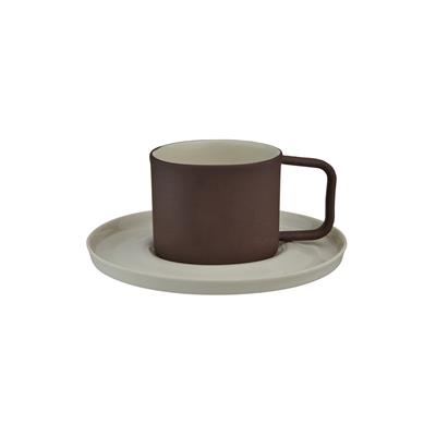 Josephine El Yapımı Porselen Türk Kahvesi Fincanı & Tabağı / Kahverengi - Beyaz