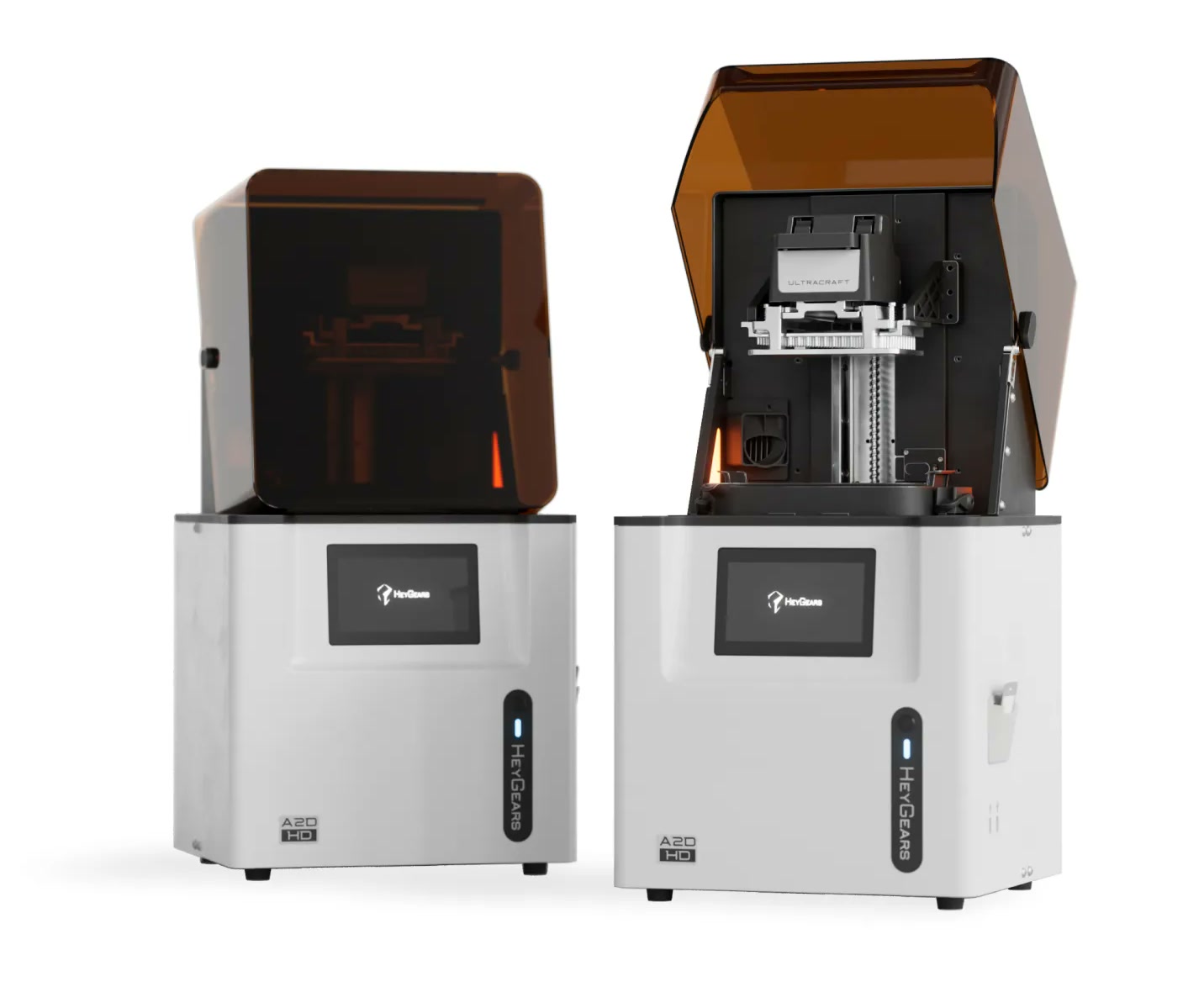 HeyGears UltraCraft A2D HD 3D yazıcı, kapağı kapalı ve açık iki görünüm