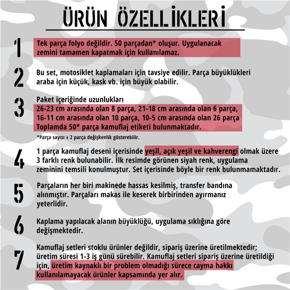 CMO404L - Motosiklet Kaplamaya Uygun 50 Parca Orta Boy Kamuflaj Seti