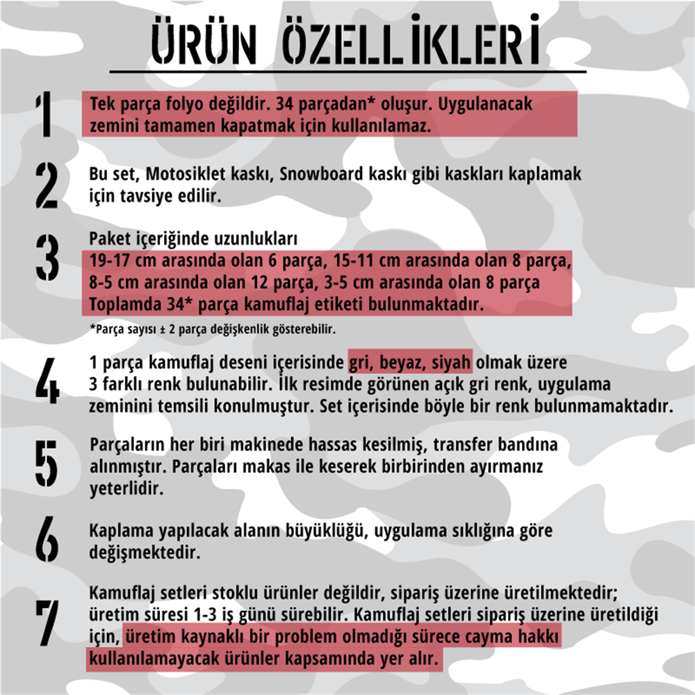CMO408SS - Snowboard Kaski ve Board Kaplamaya Uygun 34 Parca Kucuk Boy Kamuflaj Seti