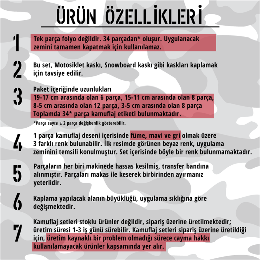 CMO410SS - Snowboard Kaski ve Board Kaplamaya Uygun 34 Parca Kucuk Boy Kamuflaj Seti