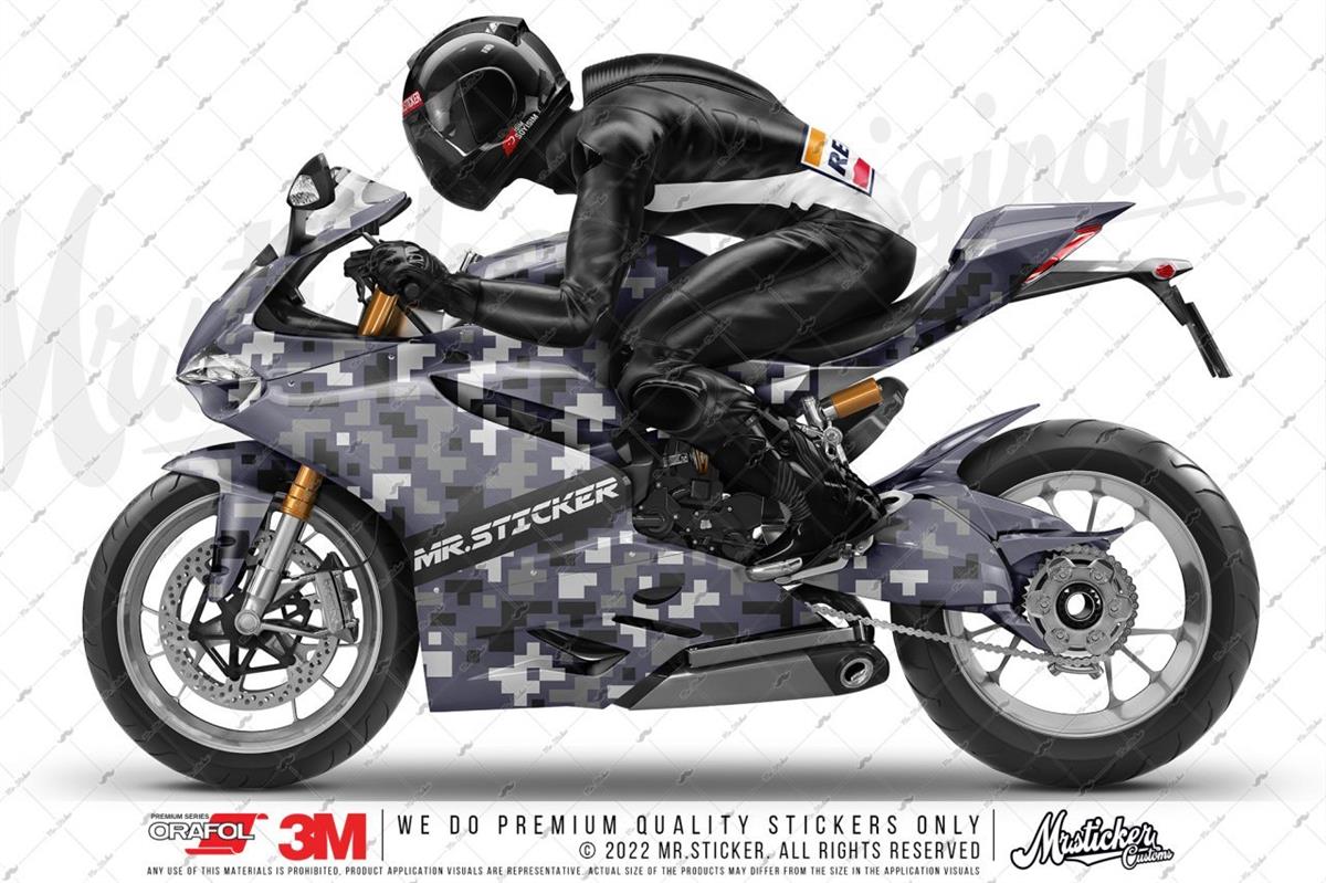 CMO702 Motosiklet Kaplamaya Uygun Pixel Kamuflaj Seti Soluk Beyaz-Gri-Fume Renk