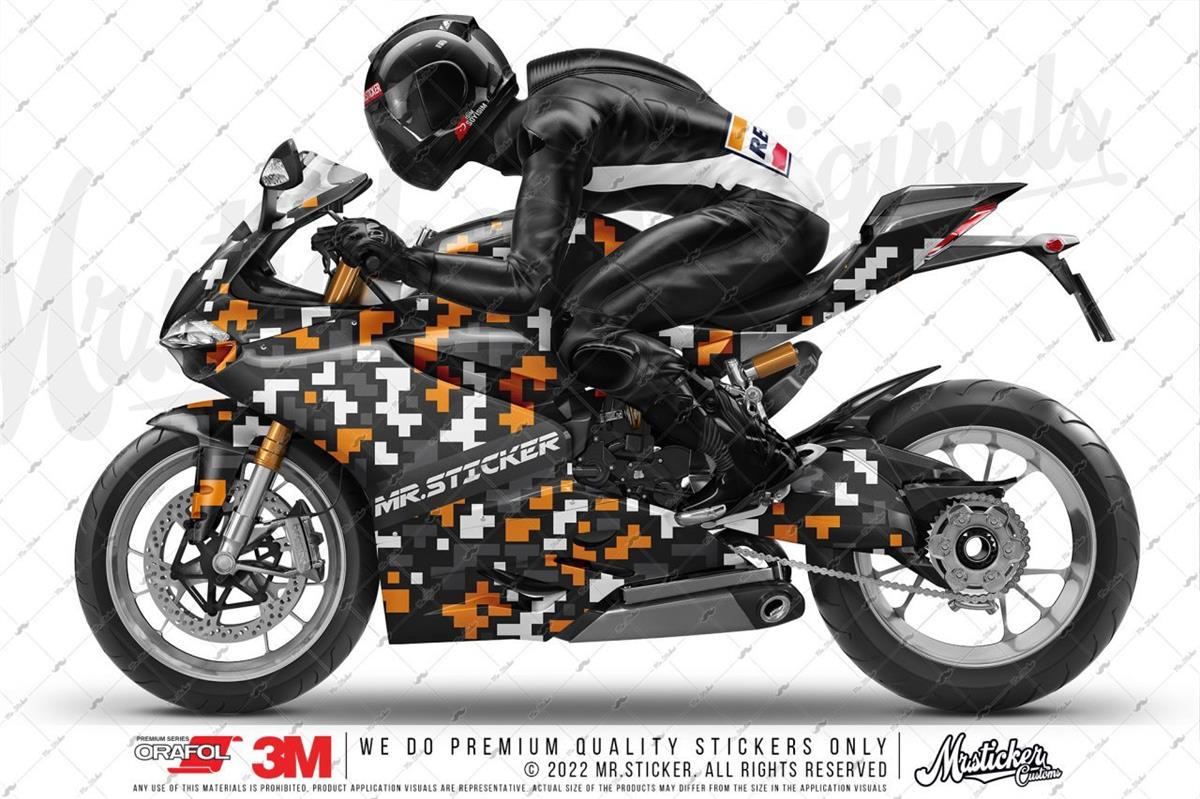 CMO704 Motosiklet Kaplamaya Uygun Pixel Kamuflaj Seti Turuncu - Beyaz - Fume Renk