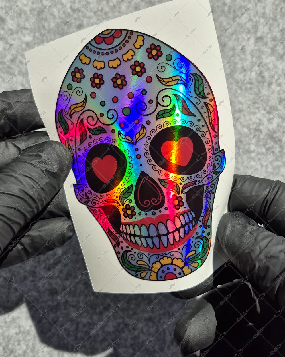 HLG129 Hologram Kalp Gozlu Sugar Skull Kurukafa Etiketi