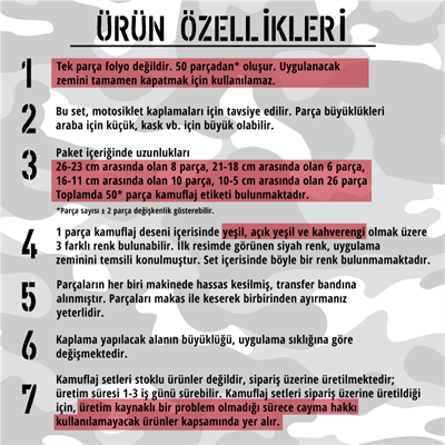 CMO404L - Motosiklet Kaplamaya Uygun 50 Parca Orta Boy Kamuflaj Seti