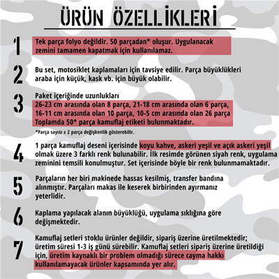 CMO407L - Motosiklet Kaplamaya Uygun 50 Parca Orta Boy Kamuflaj Seti
