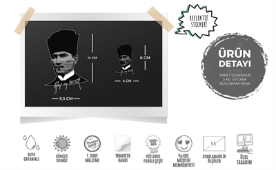 RFHLM109 Ozel Seri - Reflektif Cizgi Calismali Gazi Mustafa Kemal Etiketi - Orta Boy-Kucuk Boy Set