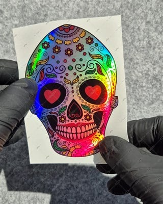 HLG129 Hologram Kalp Gozlu Sugar Skull Kurukafa Etiketi