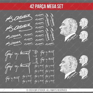 MKA17 Beyaz Renk 42 Parça Atatürk İmza ve Silüet Seti