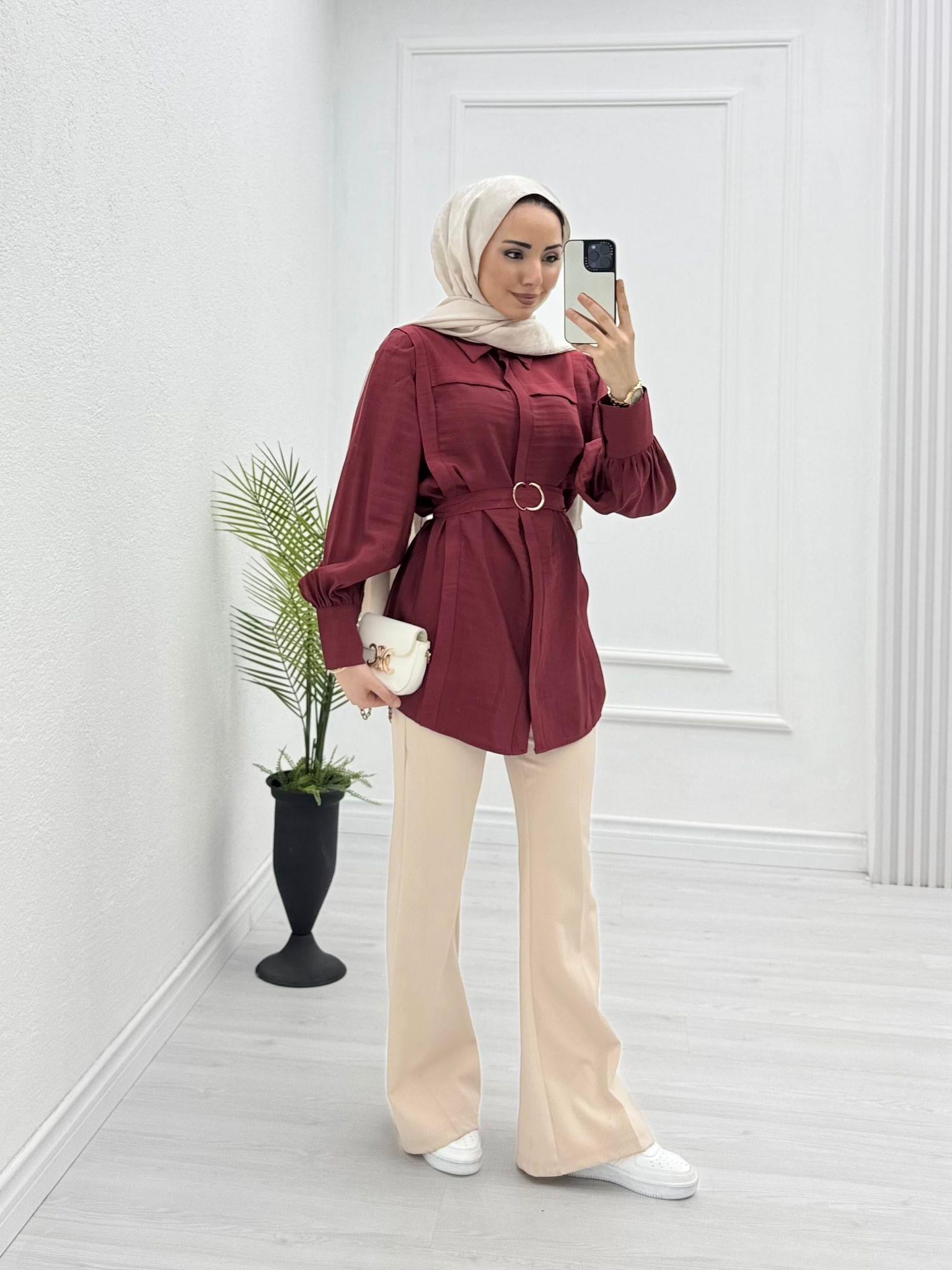 4056-Tencel Gömlek-Bordo
