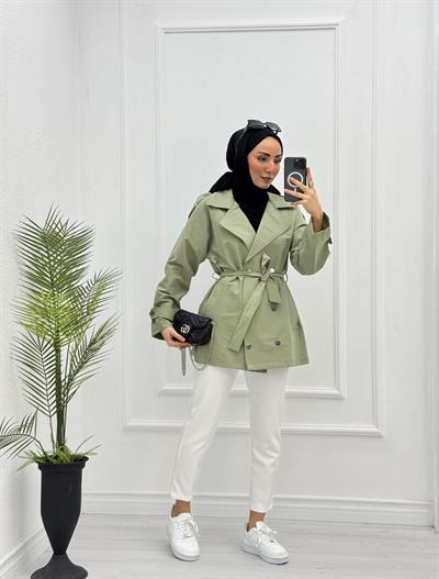0111-Astarsız Trençkot-Yeşil