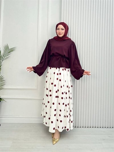 Wb4464-Puantiye Etek Takım-Bordo