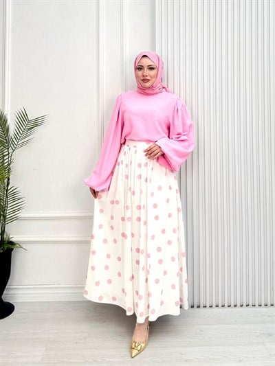 Wb4464-Puantiye Etek Takım-Pembe
