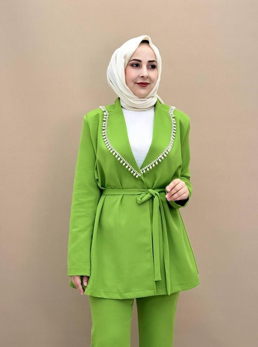 3417-İnci Yakalı Ceket Takım-Yeşil
