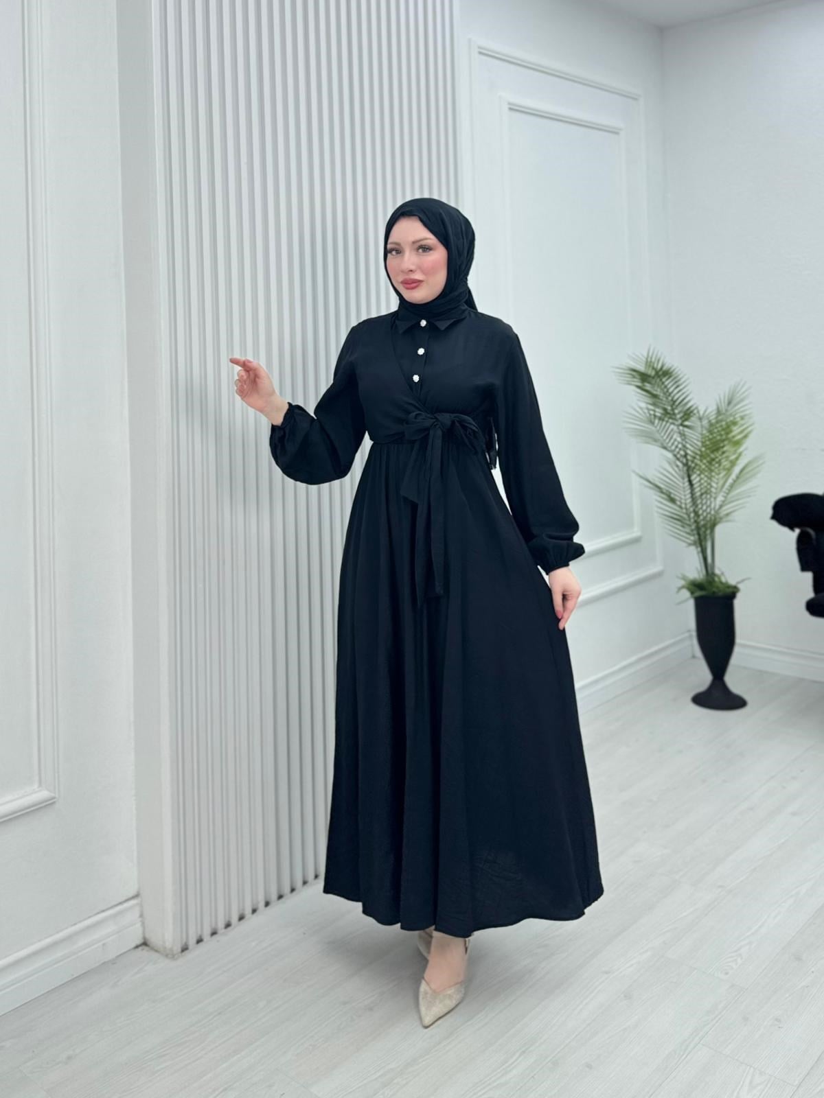 Pw2566-Çilek Kumaş Bağlamalı Elbise-Siyah