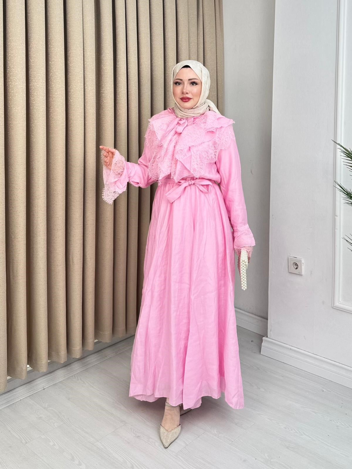 Qw5297-Dantelli Vual Elbise-Pembe