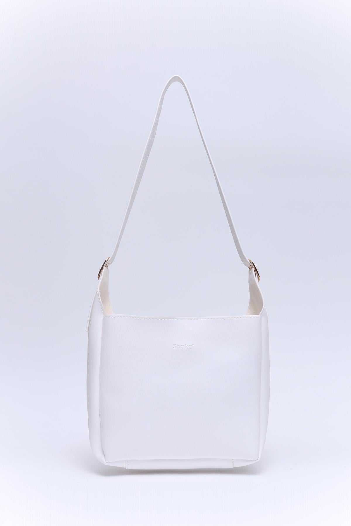 Beyaz Shk158 Suni Deri Tek Bölmeli Askılı Çıtçıtlı Çapraz Kol ve Omuz Çantası U:19 E:22 G:9 cm