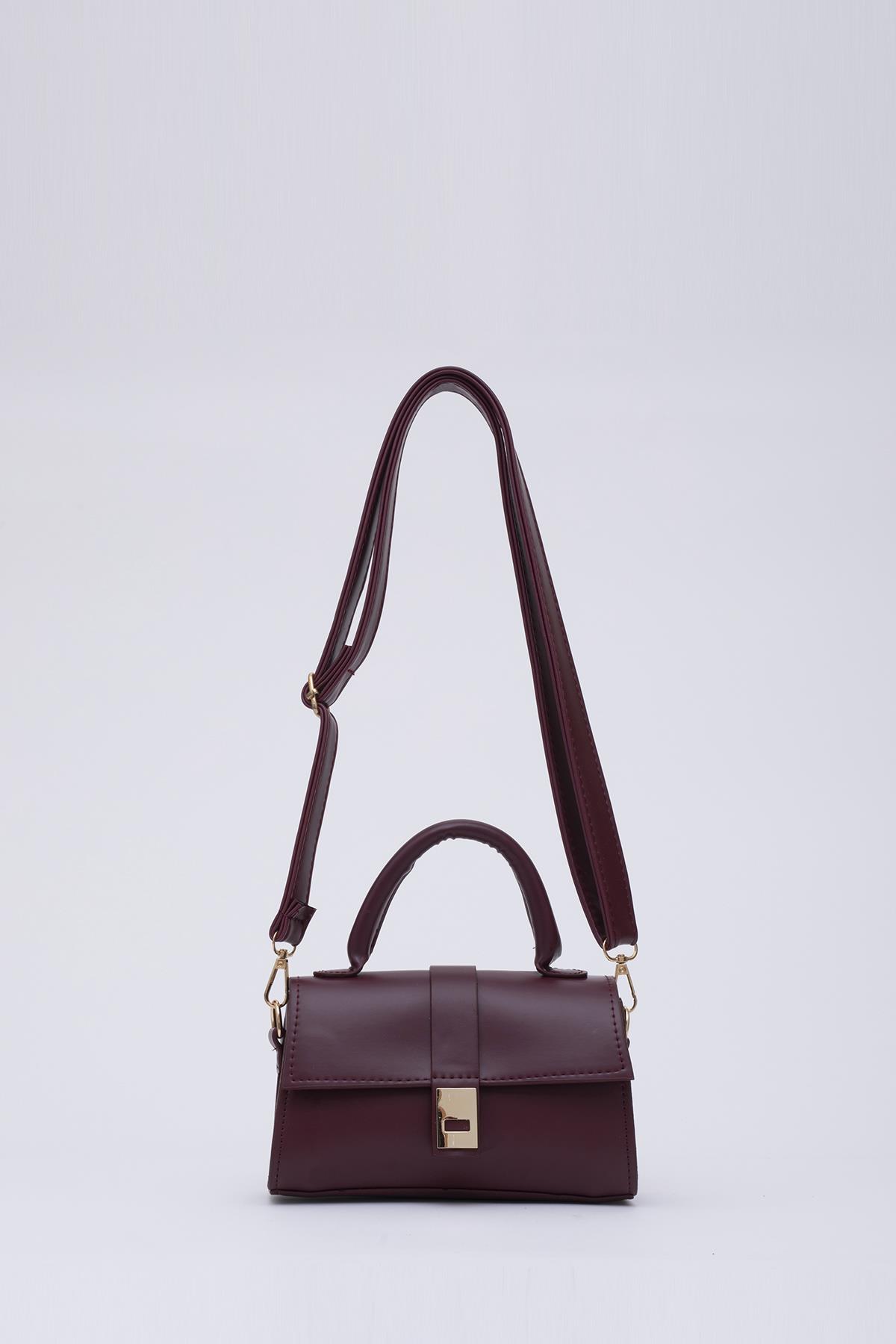 Bordo Shk109 Suni Deri Çıtçıtlı Ayarlanabilir Askılı Kadın El, Kol Ve Omuz Çantası U:11 E:19 G:7 cm