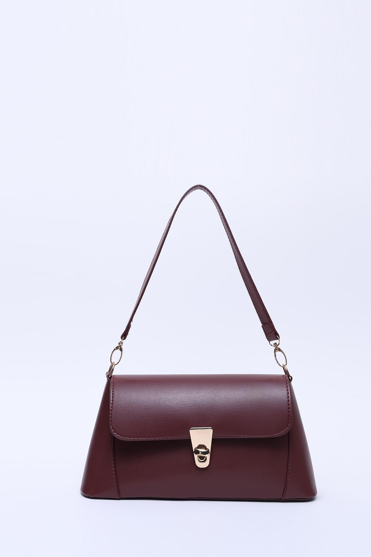 Bordo Shk153 Suni Deri Kilit Detaylı Standart Askılı Tek Bölmeli El, Kol ve Omuz Çantası U:15 E:29 G:9 cm