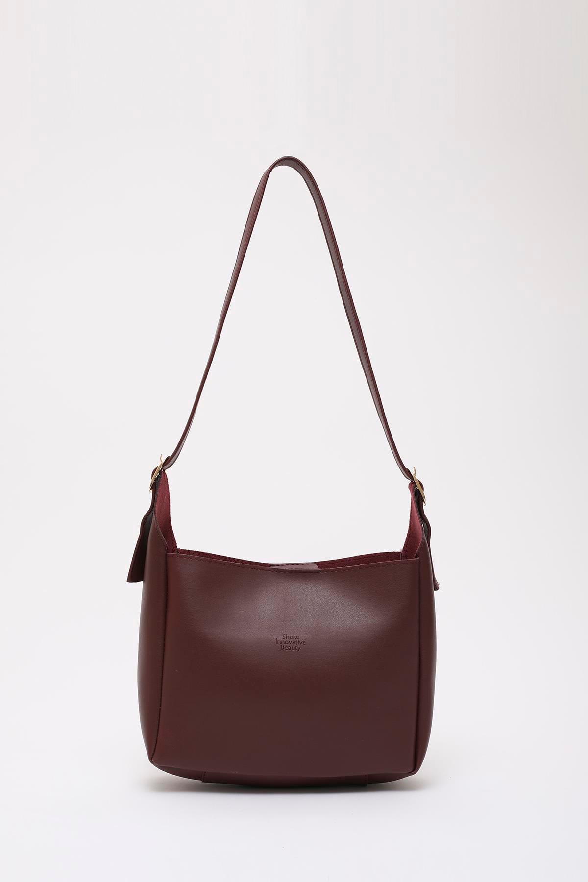 Bordo Shk158 Suni Deri Tek Bölmeli Askılı Çıtçıtlı Çapraz Kol ve Omuz Çantası U:19 E:22 G:9 cm
