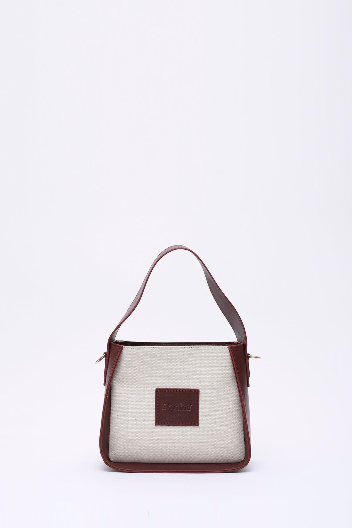 Bordo Shk176 Suni Deri Detaylı, Tek Bölmeli, Fermuarlı, Kanvas El, Kol ve Omuz Çantası U:18 E:19 G:10 Cm